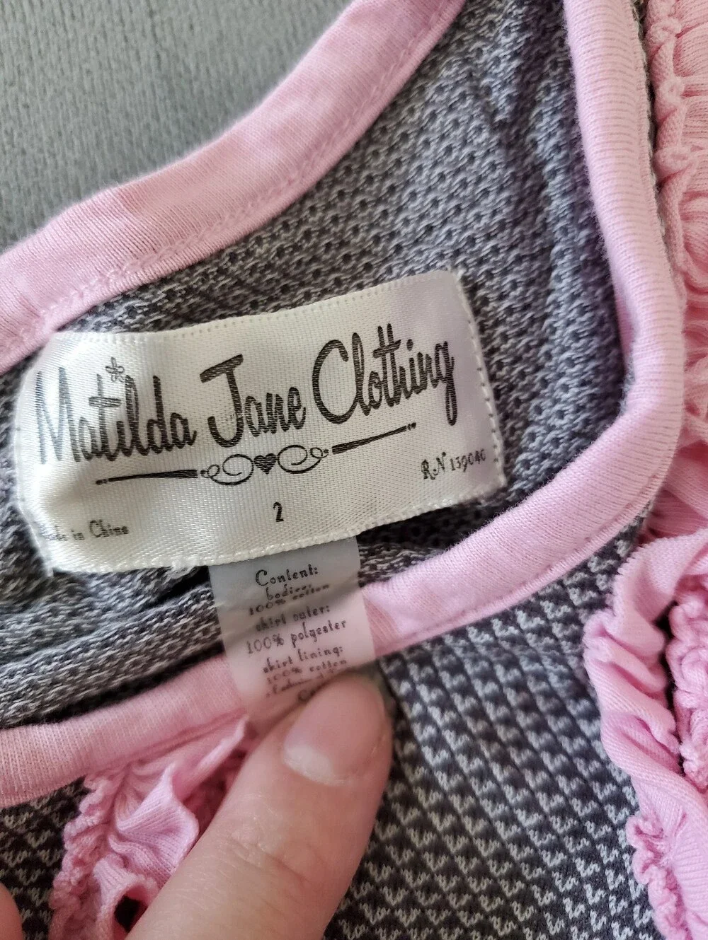 Matilda Jane Clothing Girls Ruffle Dress Size 2 Grey Pink Purple